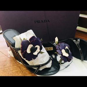 Prada black patent wedge heels